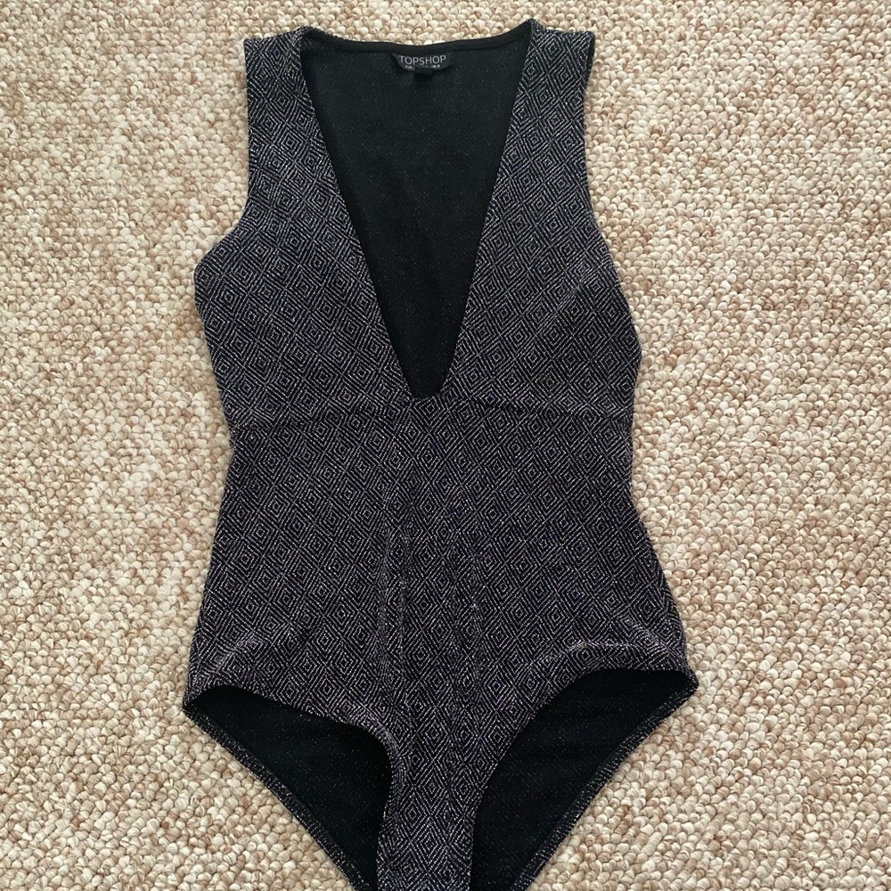 Metallic topshop bodysuit. Deep v neck line.